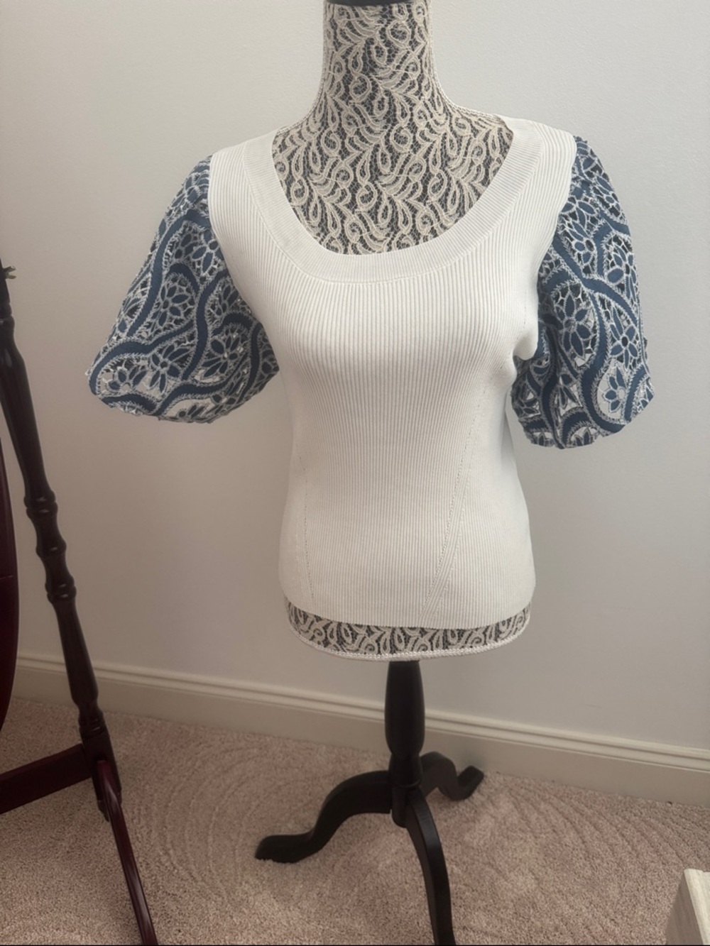 White Knit Top with Blue Patterned Puff Sleeves